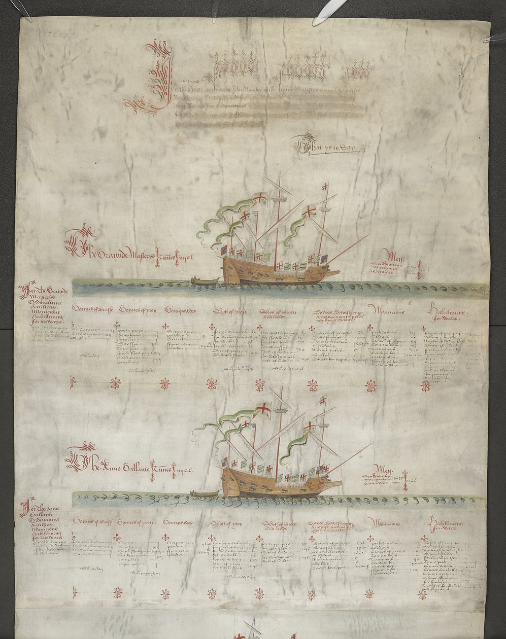 Lägg till MS 22047 f.1r, The galeass Grand Mistress och Anne Gallant, från "The Anthony Roll" av English School