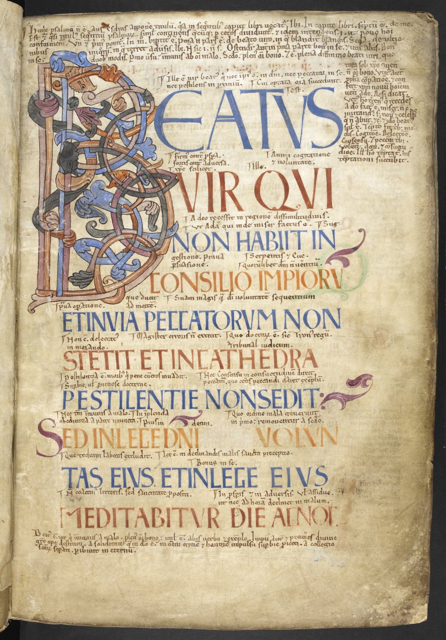 Lägg till MS 37517, f. 4r, The Beatus-initial (Beatus vir), som börjar psalmboken från 