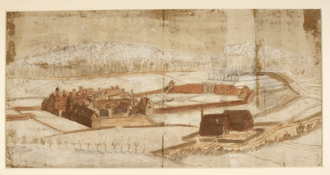 Lägg till MS 78610H View of Wotton med trädgården, grottan och omgivningarna, c.1650 (penna & bläck med krita och tvätt på papper) av English School