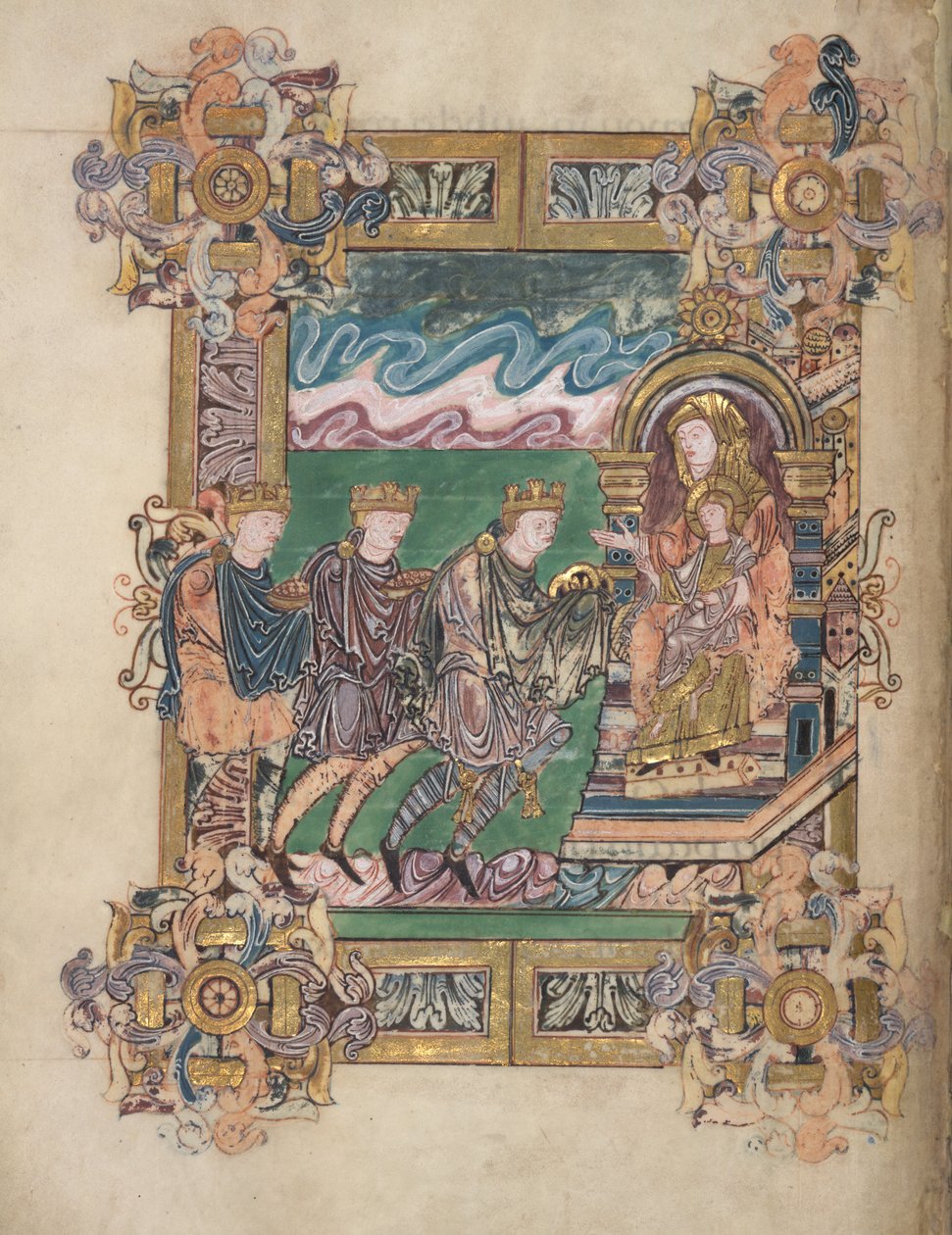 Tillbedjan av Magi, Add. 49598, f.24v, från Benedictional of St Aethelwold, 971-984 (vellum) av English School