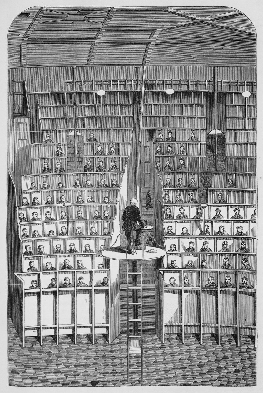 Vuxenskola i kapellet, på det separata systemet, i Surrey House of Correction, Wandsworth, från The Criminal Prisons of London och Scenes of Prison Life av Henry Mayhew (1812-87) och John Binn av English School
