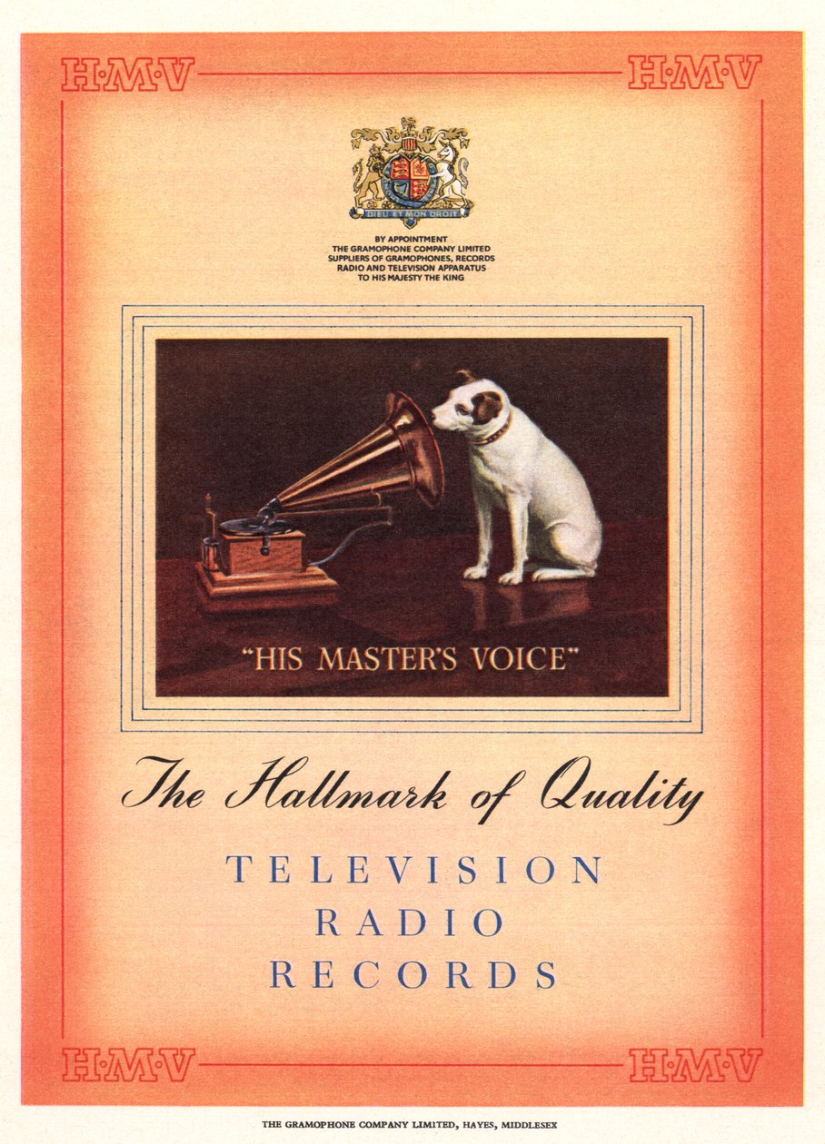 Annons för His Masters Voice, illustration från South Bank Exhibition katalog, Festival of Britain, London, 1951 av English School