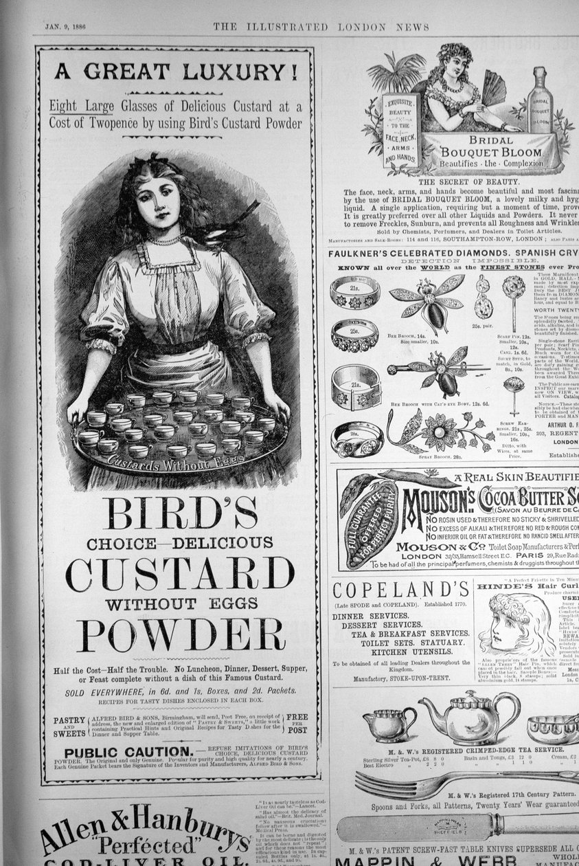Annons för Birds Custard Powder, från The Illustrated London News, 1 september 1886 av English School