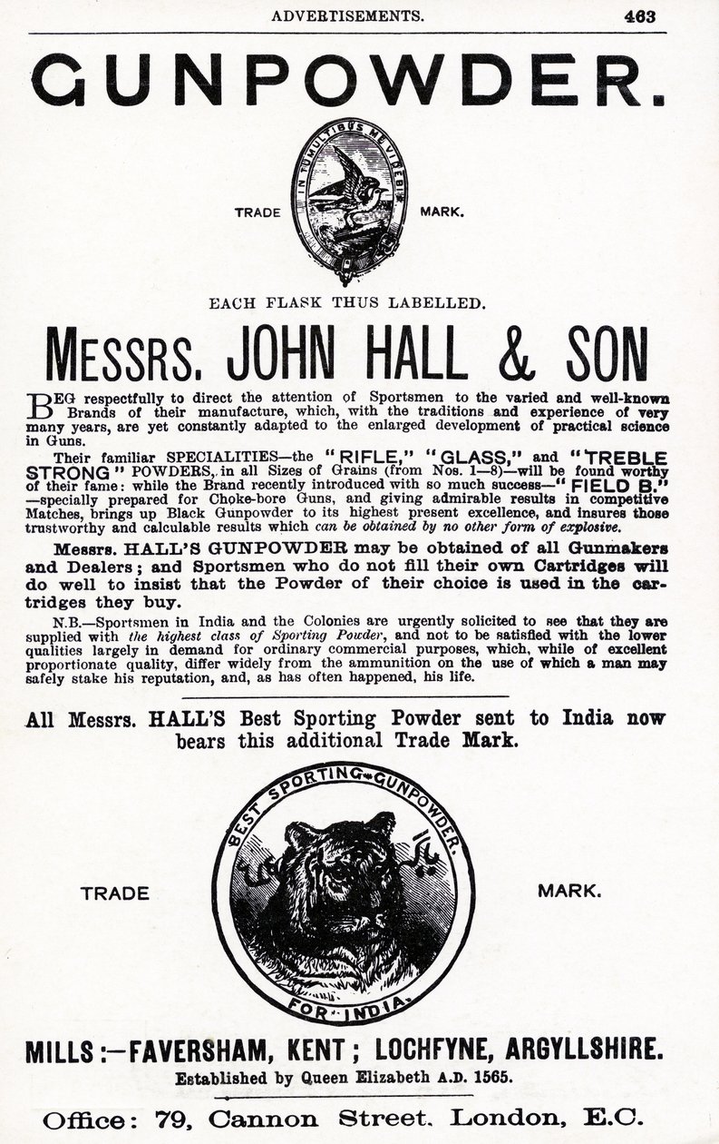 Annons för Gunpowder av Mrs John Hall & Son (litho) av English School