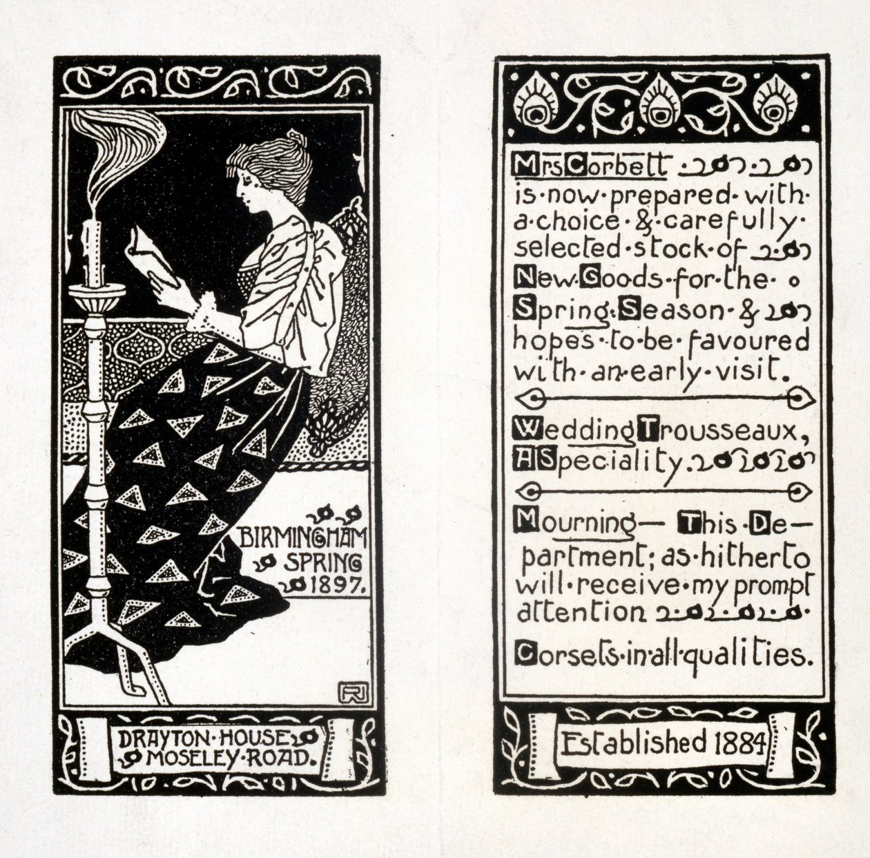 Annons för Mrs Corbett på Drayton House, Birmingham, 1897 av English School