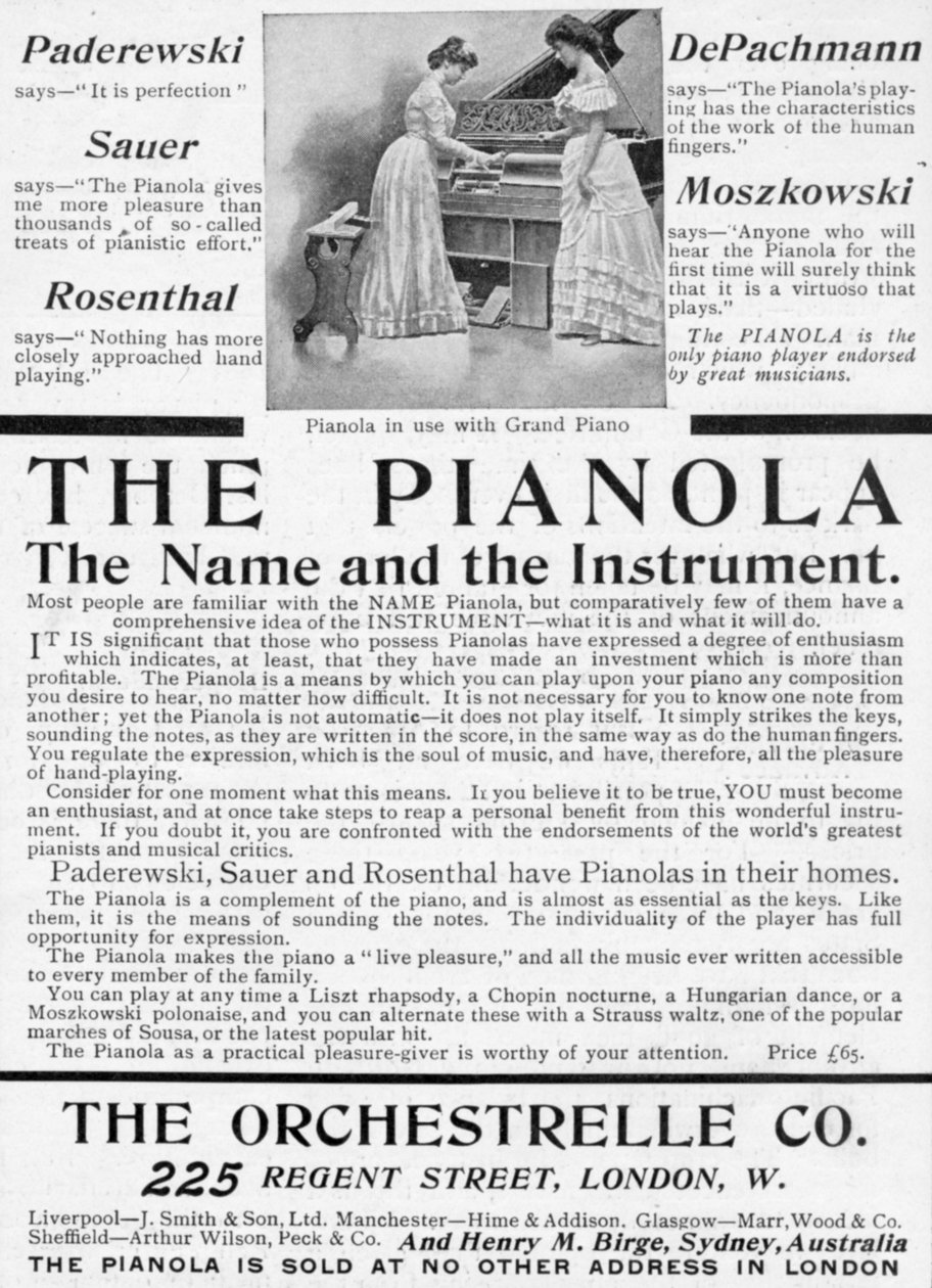 Annons för The Pianola, från The King, 1 juni 1901 (tryckt papper) av English School