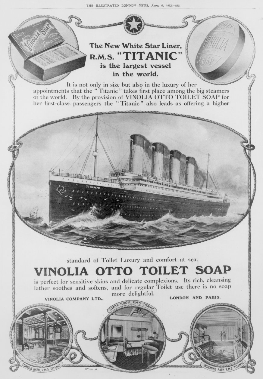 Annons för Vinolia Otto toalettvål, som användes på "Titanic", från "The Illustrated London News", 6 april 1912 (gravyr) (svartvitt foto) av English School
