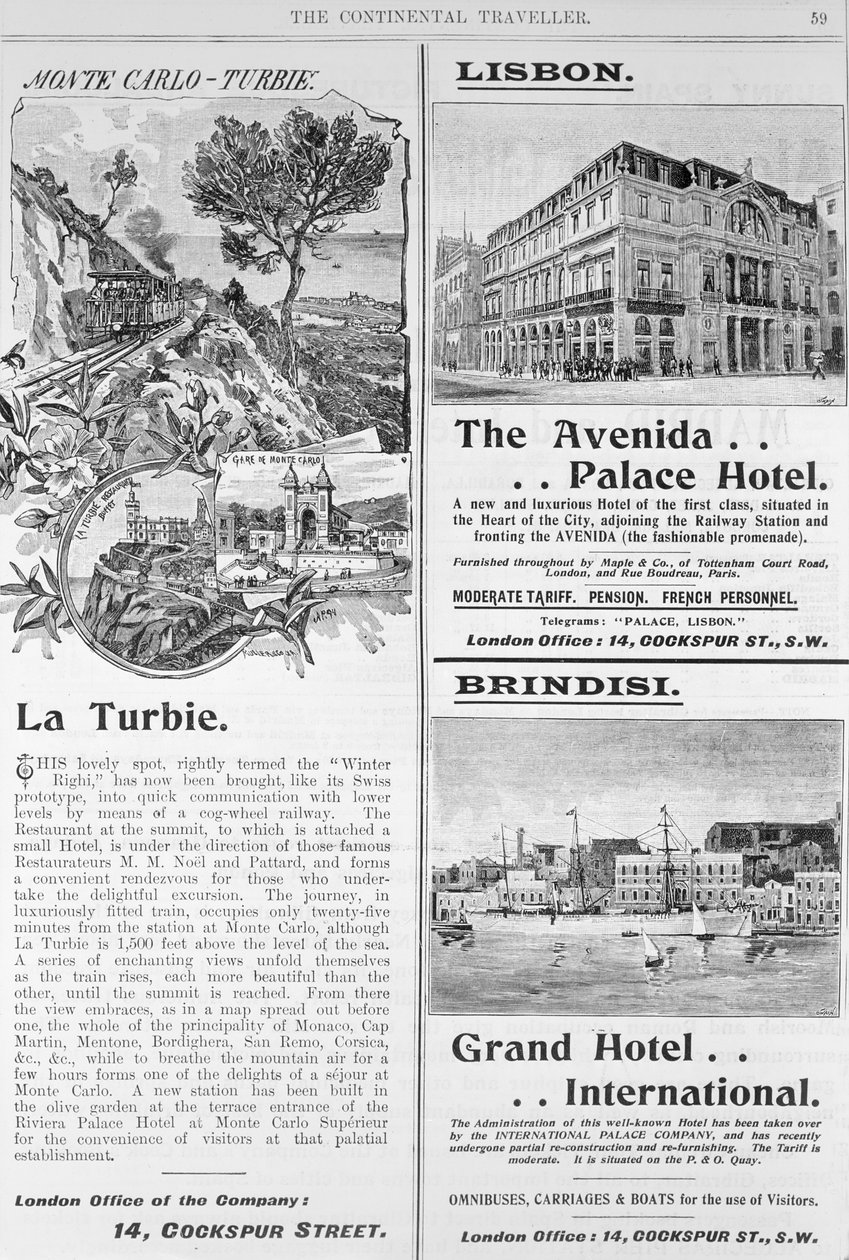 Annonser för La Turbie Restaurant, The Avenida Palace Hotel och Grand Hotel International, från sidan 59 i "The Continental Traveller" (tidningspapper) av English School