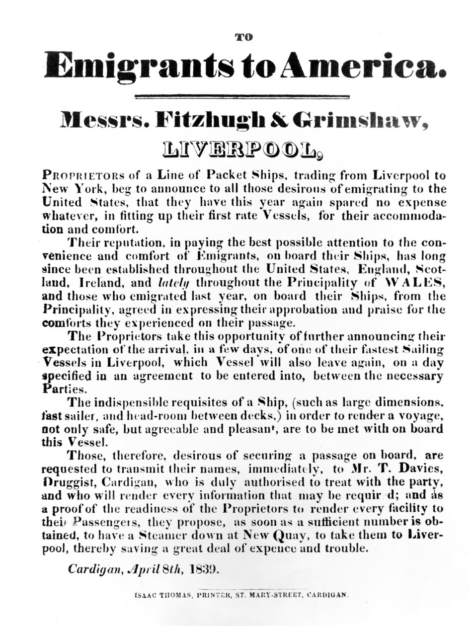 Annons för Packet Ships to America, 1839 (tryckt papper) av English School