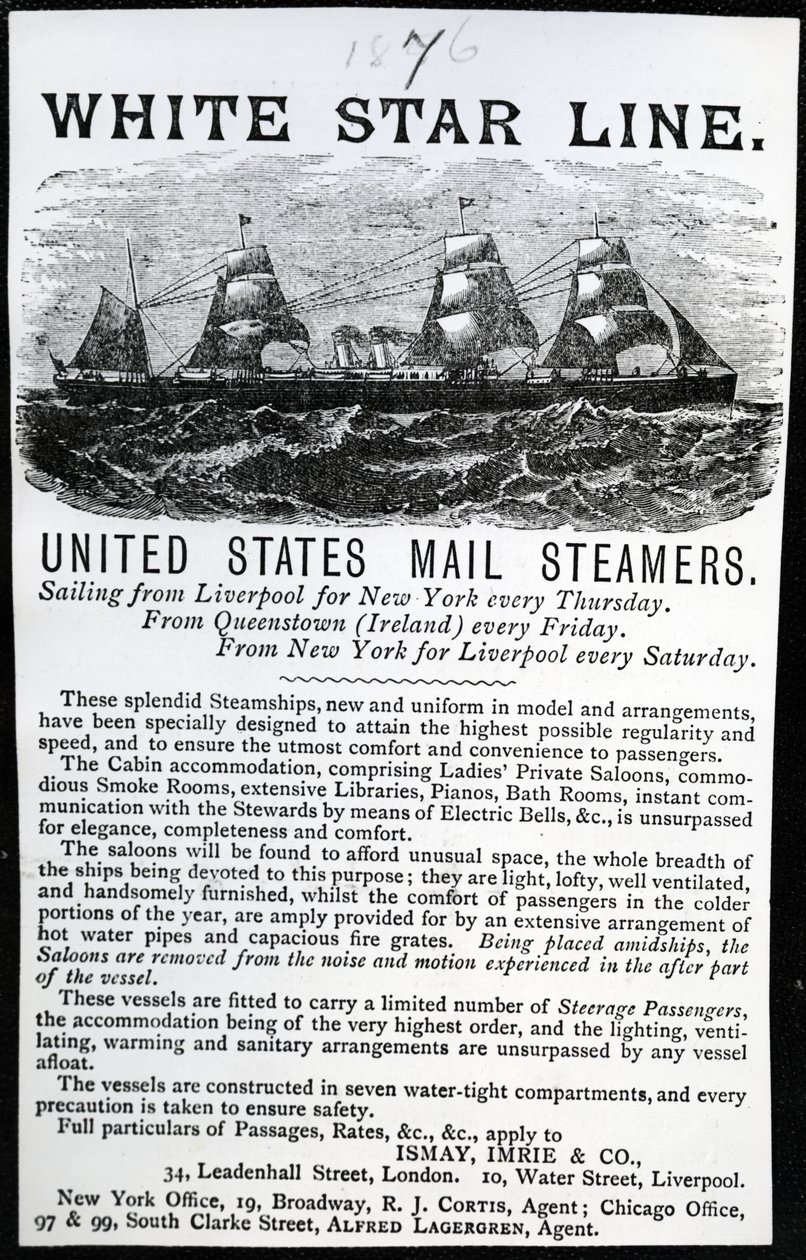 Annons för White Star Line, 1876 (tryckt papper) av English School