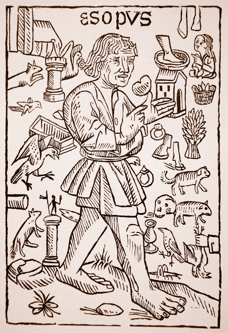 Aesop, frontispice till Aesops Fables av William Caxton (ca 1422-91), 1434 (sepiafoto) av English School