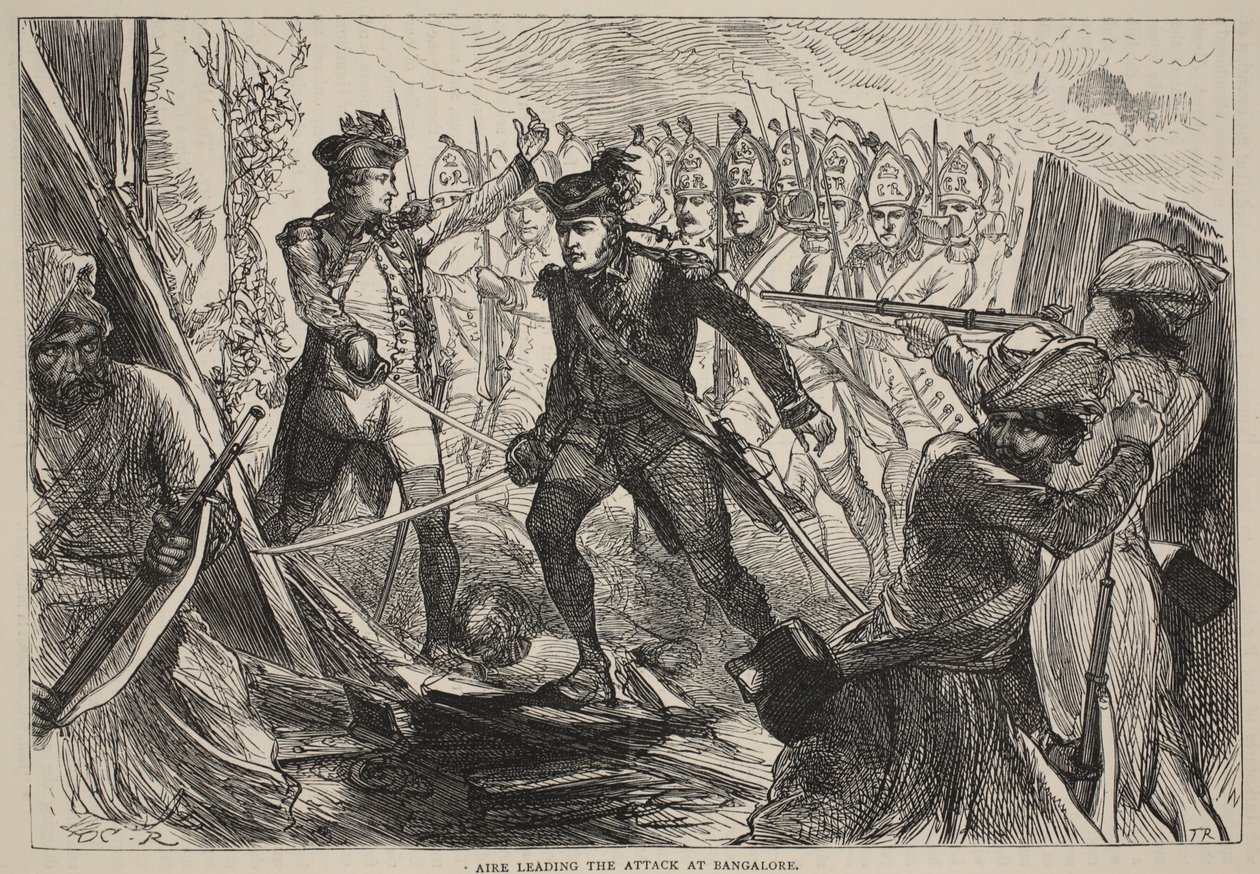 Aire leder attacken i Bangalore, illustration från Cassells Illustrated History of India av James Grant, pub. 1879 av English School