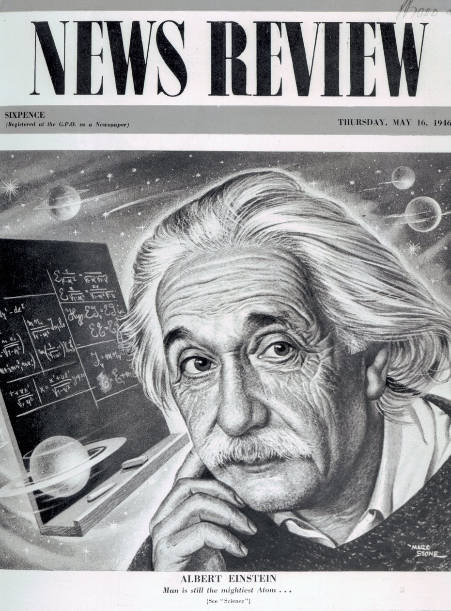 Albert Einstein på omslaget till "News Review", 16 maj 1946 (tryckt) av English School