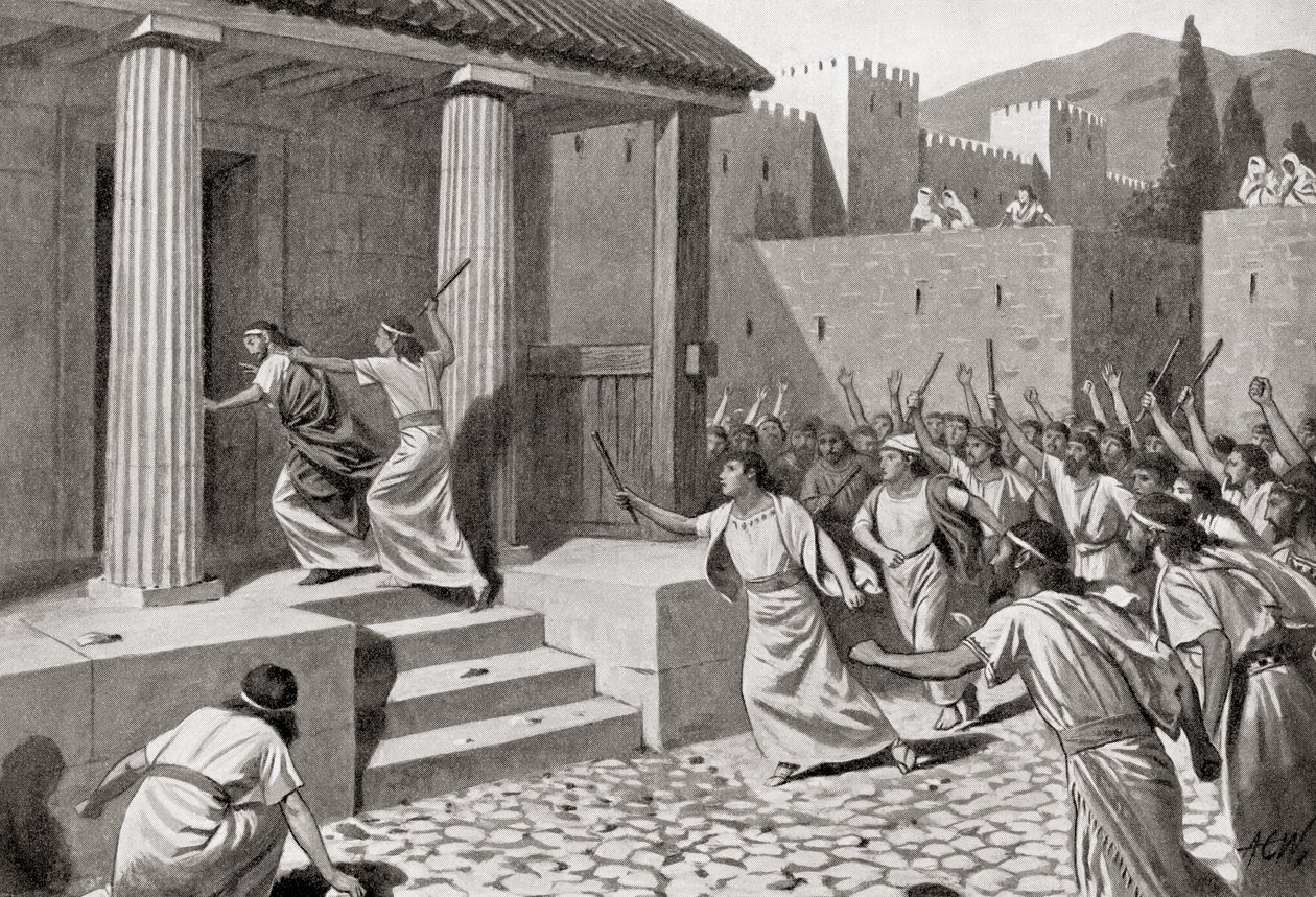 Alcander en ung man från Sparta som attackerar Lycurgus, från Hutchinson