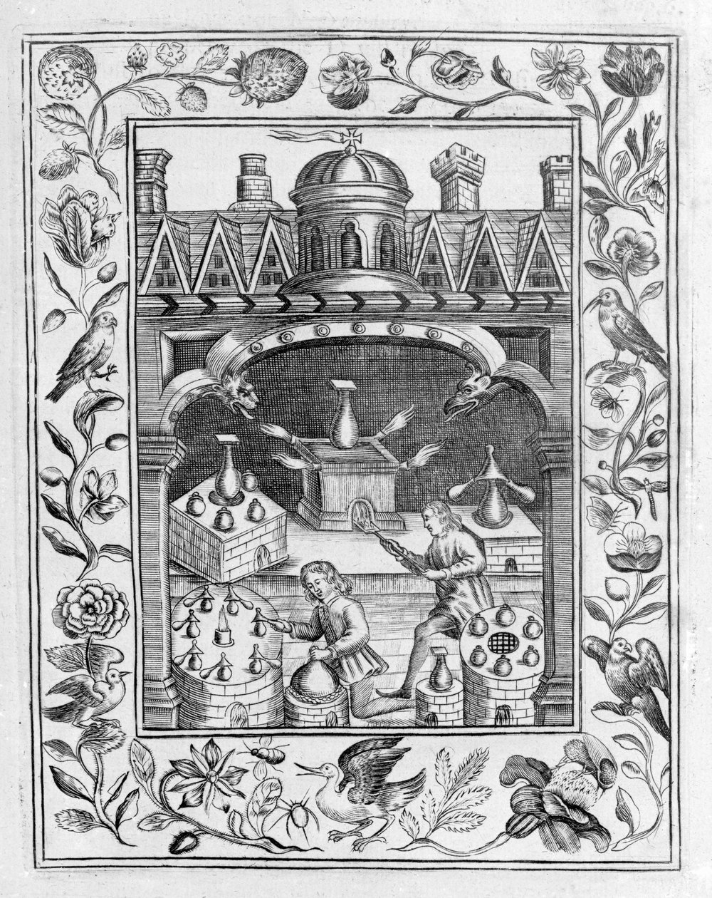Alkemiskt laboratorium som visar olika former av ugnar och kärl, hämtat från Theatrum Chemicum Britannicum av Elias Ashmole, 1652 av English School
