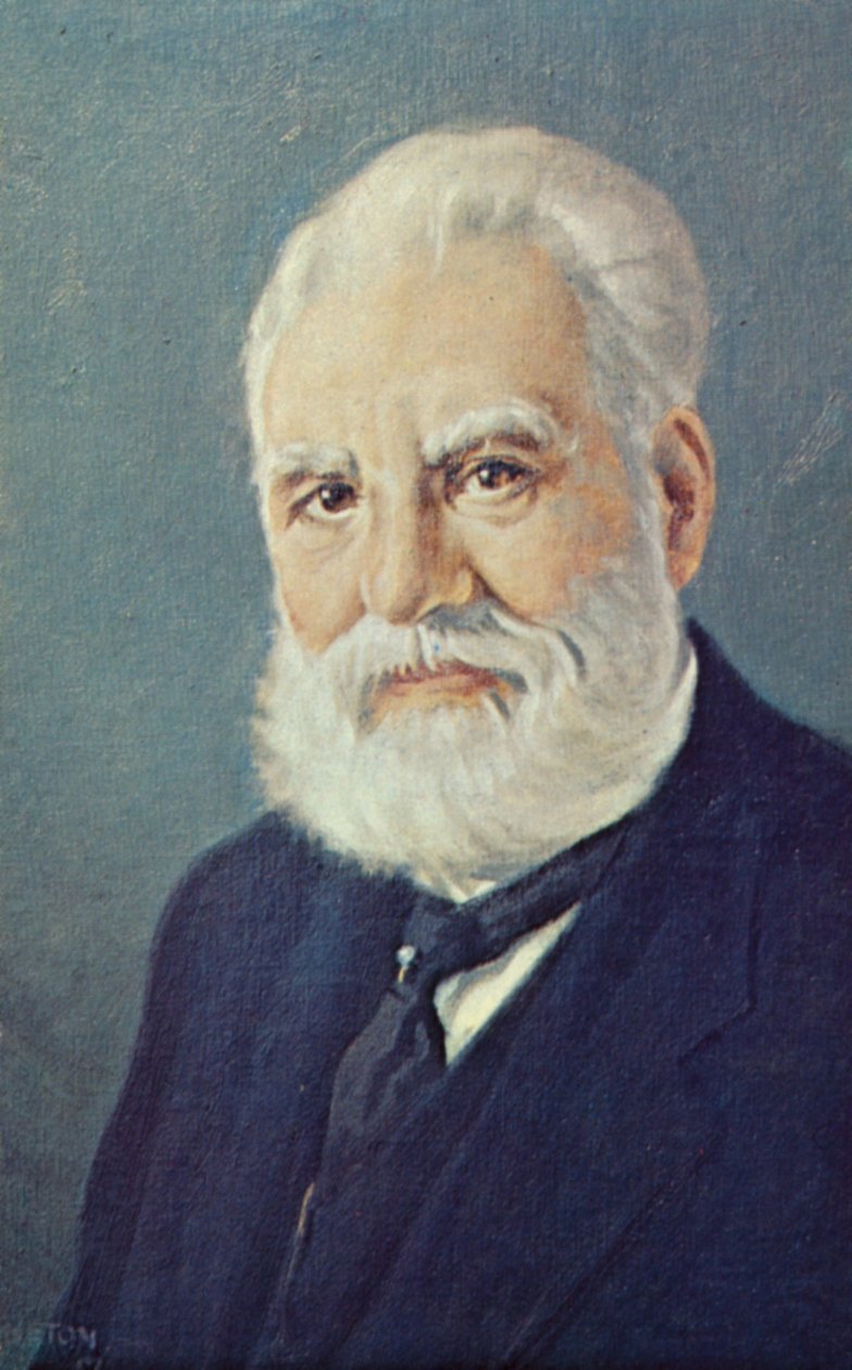 Alexander Graham Bell (1847-1922), skotsk vetenskapsman och uppfinnare (färglitografi) av English School