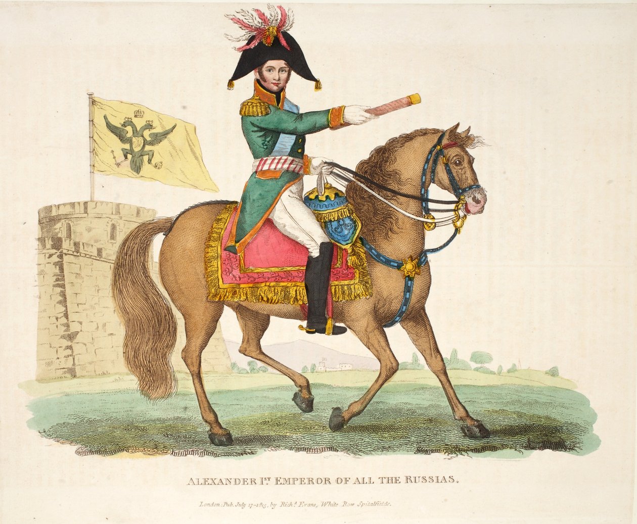 Alexander I, alla Rysslands kejsare, pub. av Richard Evans, graverad av Romney, illustration från An Historical Account of the Battle of Waterloo av William Mudford, 1816 av English School