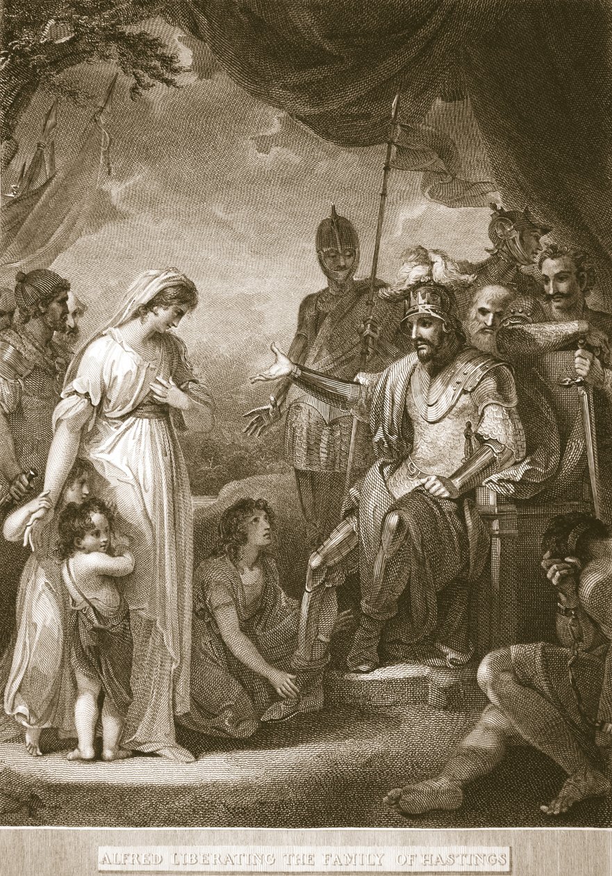 Alfred befriar familjen Hastings, illustration från David Humes The History of England, pub. av R. Bowyer, London, 1812 av English School