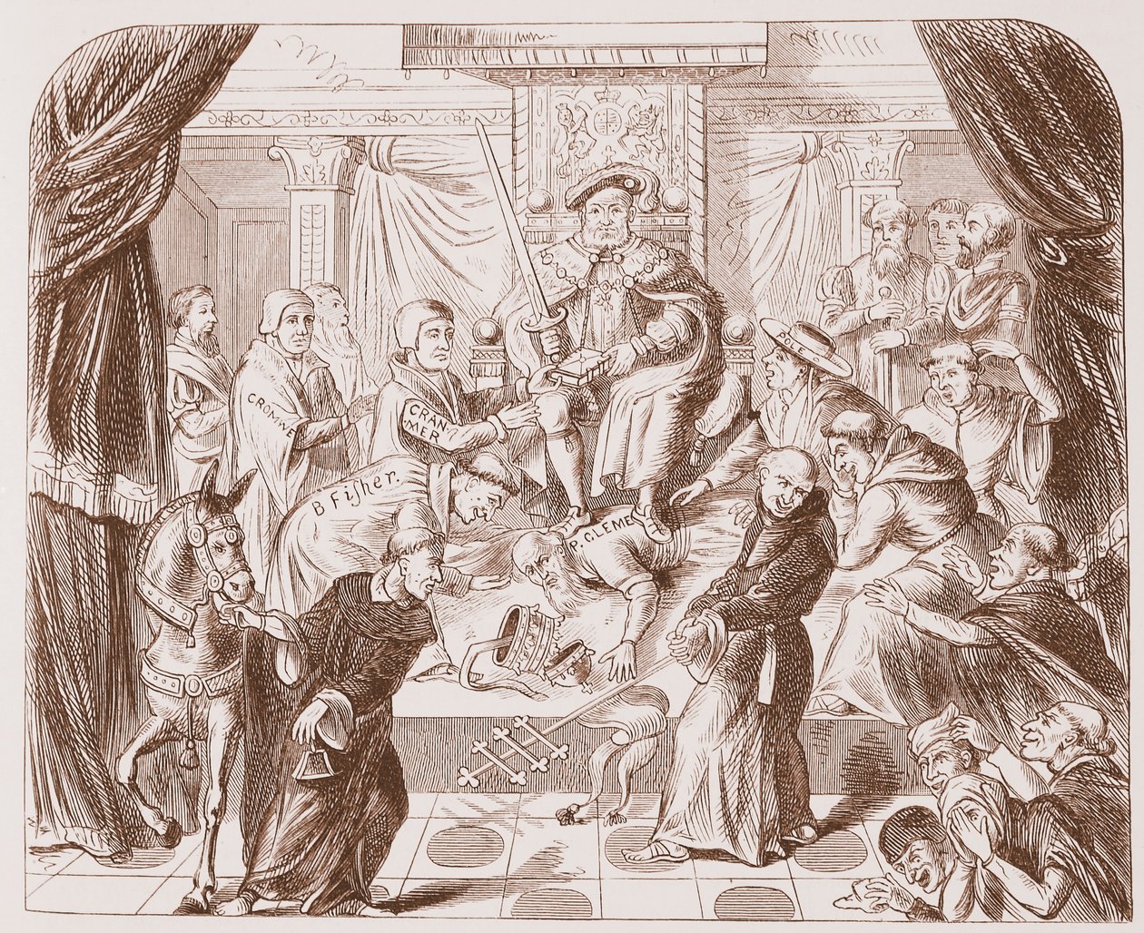 Allegorisk bild av Henrik VIII som trampar på påven Clement, från ett gammalt tryck i British Museum av English School