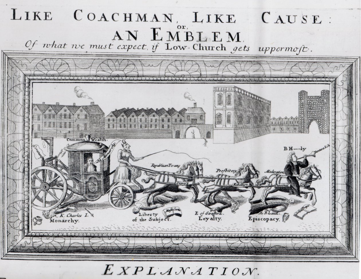 Allegori om farorna med lågkyrklig puritanism till monarkin, subjektets frihet, lojalitet och biskopsdöme, c.1640-45 av English School