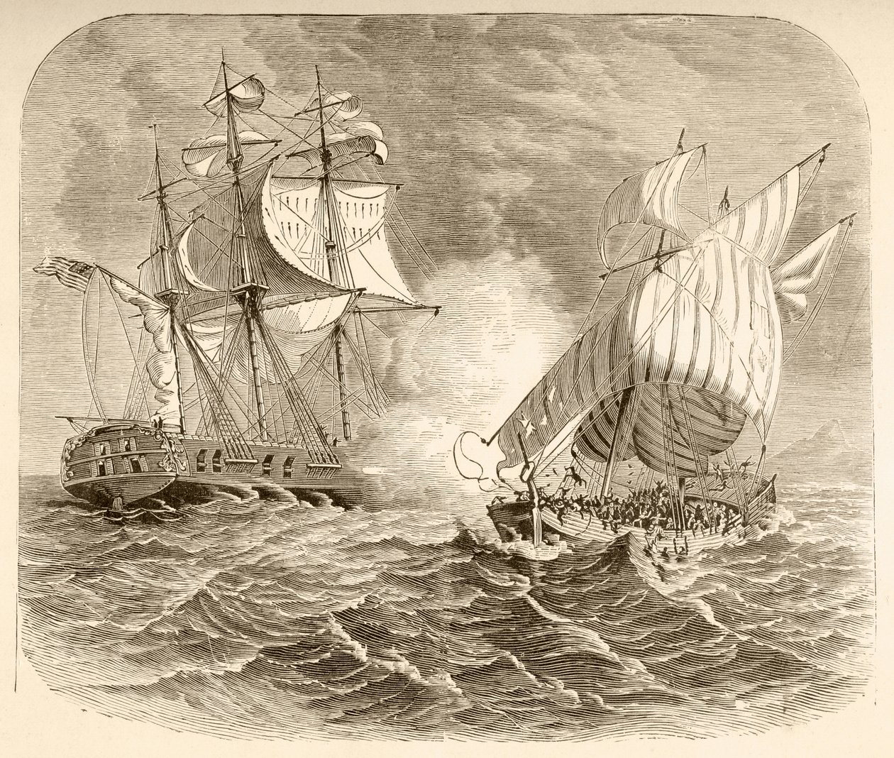 Ett amerikanskt marinfartyg fångar ett algeriskt piratskepp utanför Barbarys kust under det första barbariska kriget (litho) av English School