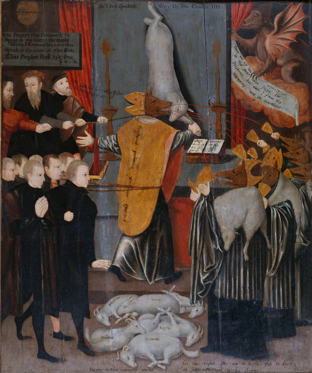 En anti-katolsk allegori med porträtt av Stephen Gardiner, biskopen av Winchester och biskoparna Bonner och Tunstall som vargar, och med kropparna av Hooper, Cranmer, Goodrich, Ridley Latimer och Rogers som lamm, ca 1555 av English School