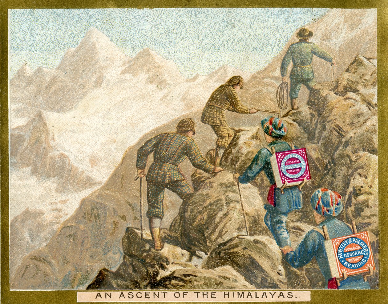 An Ascent of the Himalayas, ett reklamkort för Huntley & Palmers Biscuits, ca 1890 av English School