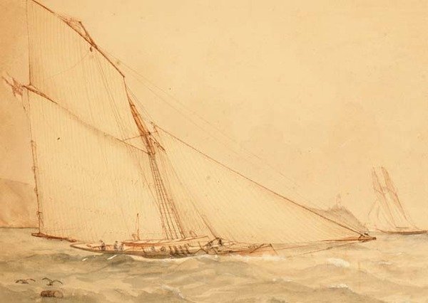 En åtta meter Gaff riggad Topsail Cutter, The Royal Yacht Squadron, ca 1860 (akvarell på papper) av English School