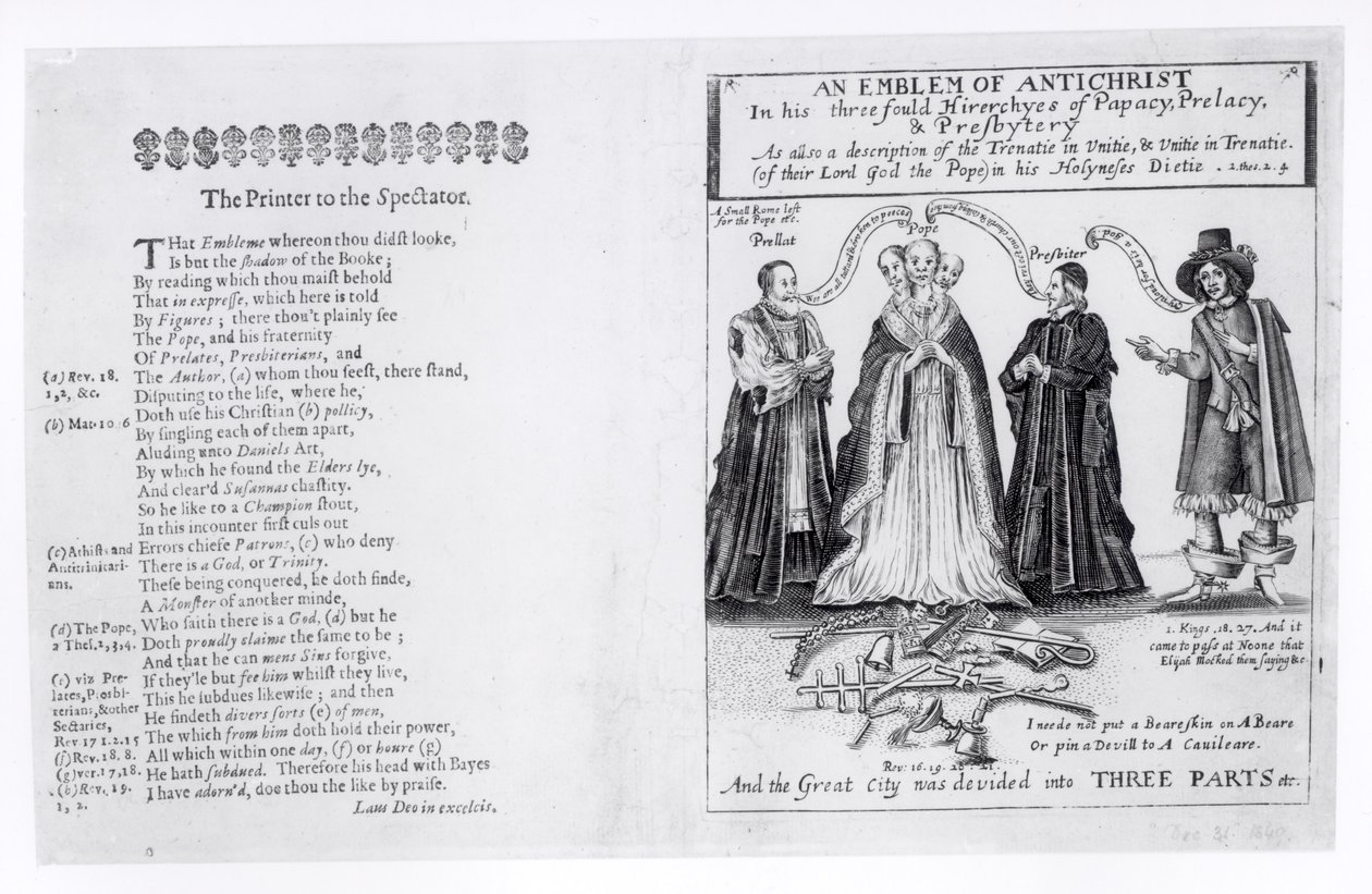 Antikrists emblem i hans trefaldiga hierarkier av påvedömet, prelatatet och presbyteriet, 1649 av English School