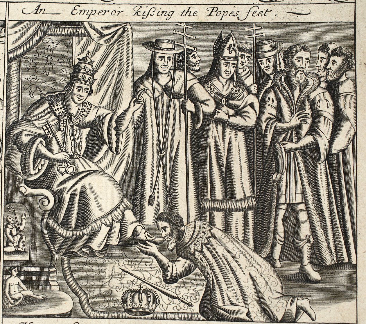 En kejsare som kysser påvens fötter, illustration från Acts and Monuments av John Foxe, nionde upplagan, pub. 1684 av English School
