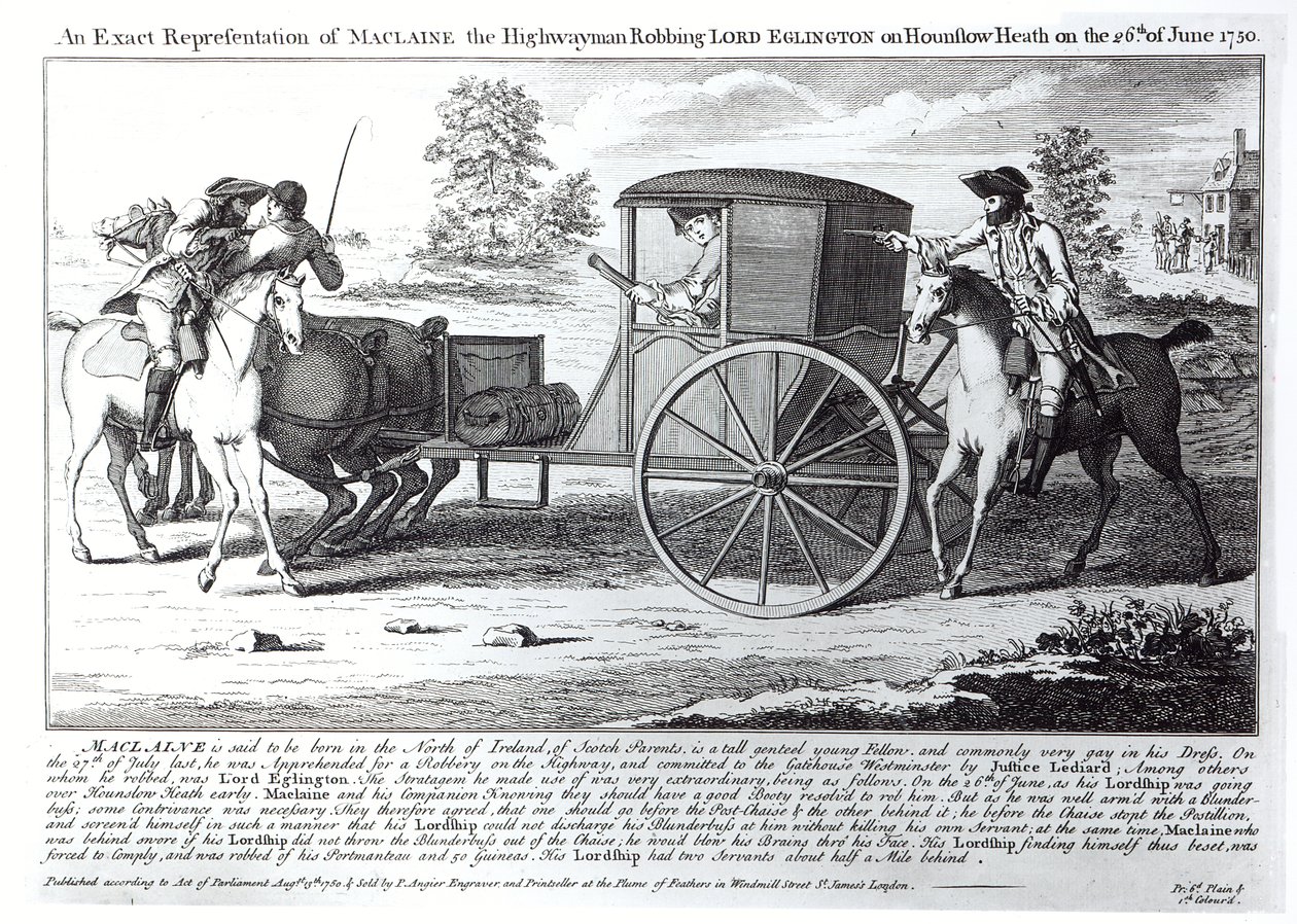 En exakt representation av Maclaine the Highwayman som rånar Lord Eglington på Hounslow Heath den 26 juni 1750 av English School
