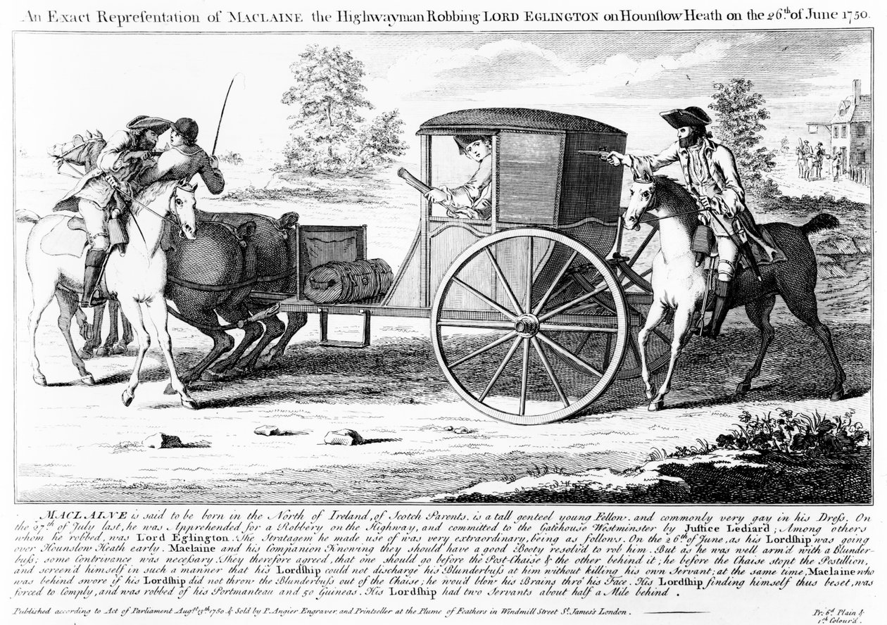 En exakt representation av Maclaine the Highwayman som rånar Lord Eglington på Hounslow Heath den 26 juni 1750, tryck gjord av Charles Mosley, 1750 av English School