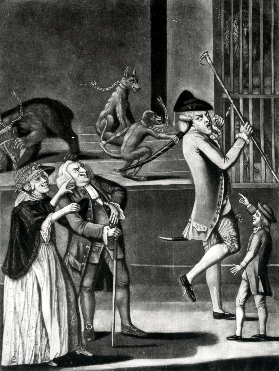 En utställning av vilda djur eller makaronerna i nöd, 1774 (mezzotint) av English School