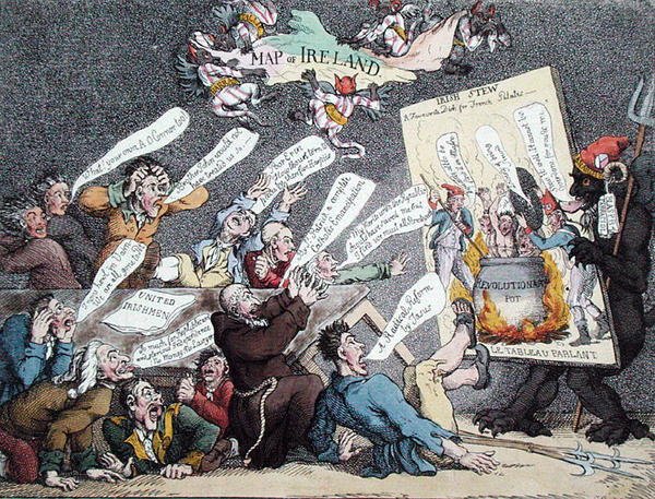 "An Irish Howl", karikatyr av den franska revolutionens återverkningar på Irland (färg litho) av English School