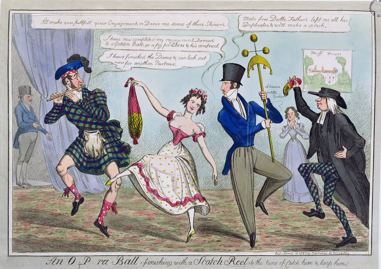 En O.P.ra Ball, avslutas med en skotsk rulle till melodin Catch Him and Keep Him, pub. av S.W. Fores, 1823 (färgad etsning) av English School
