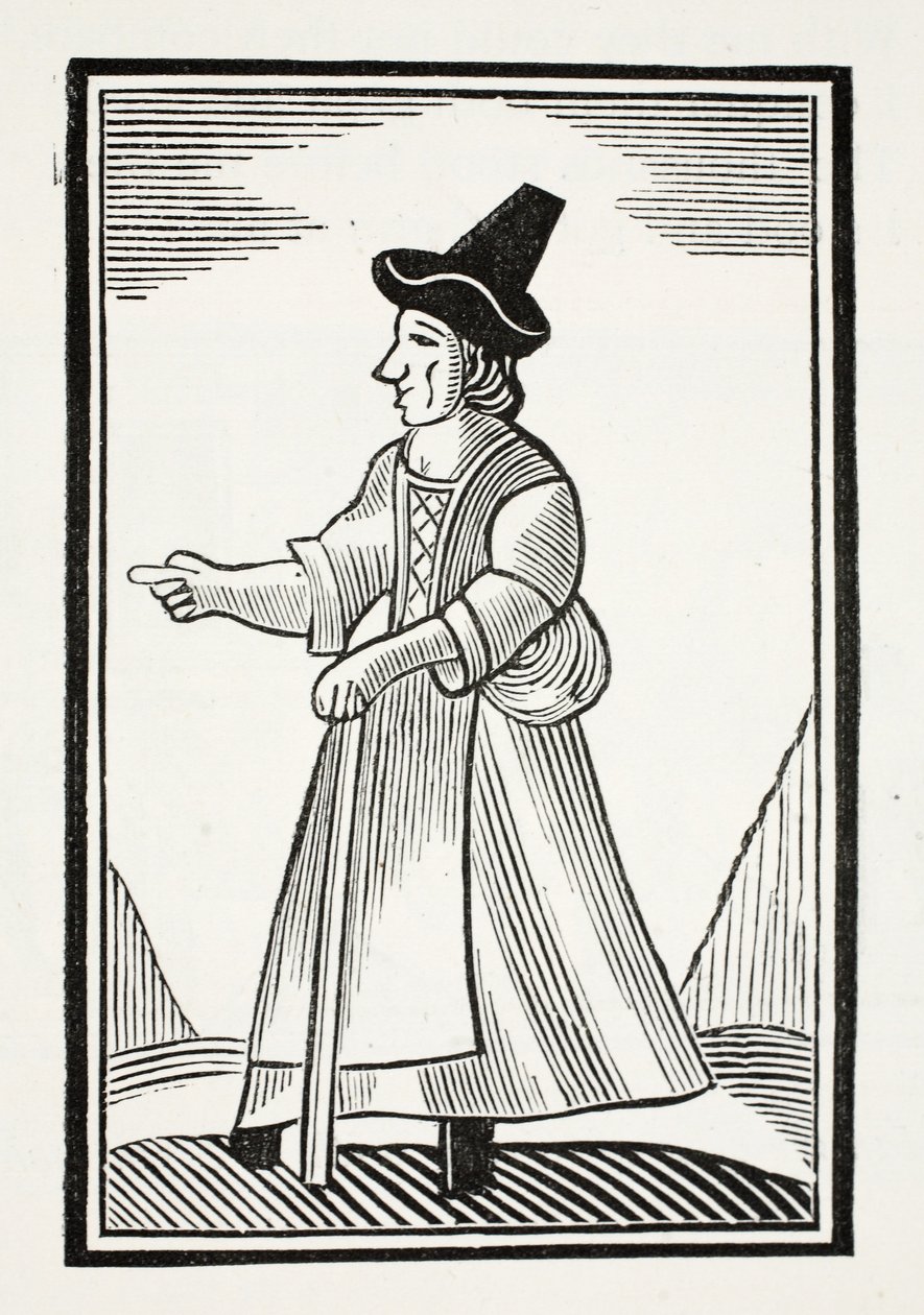 En gammal kvinna som skäller ut i en högkrönad hatt, illustration från 1700-talets kapitelböcker av John Ashton, pub. 1882 av English School