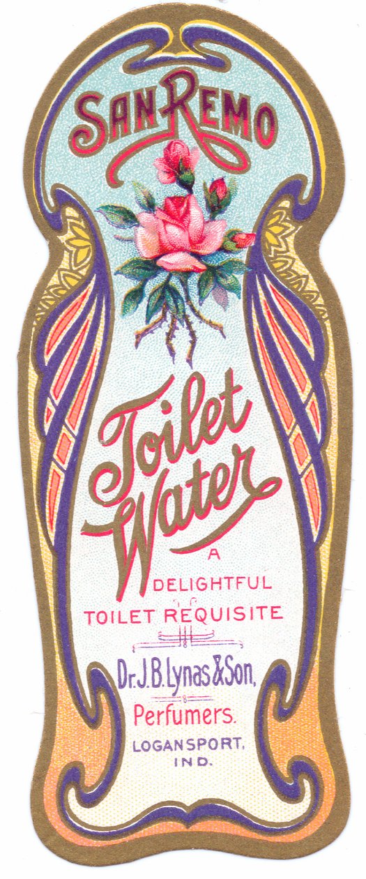 En parfymetikett i jugendstil för "san remo toalettvatten", ca 1900 av English School