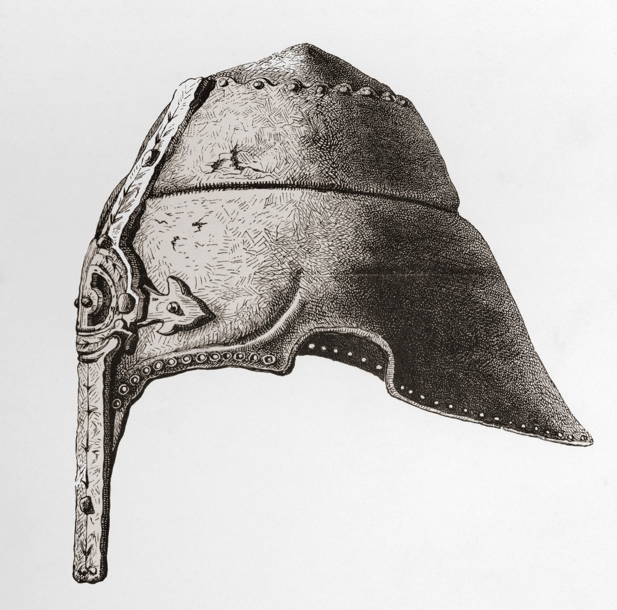 En näshjälm från början av 1100-talet, från The British Army: Its Origins, Progress and Equipment, publicerad 1868. av English School