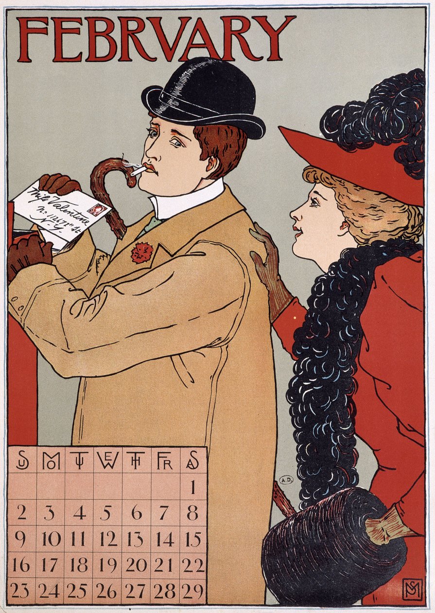 Ett elegant par (man postar ett brev), engelsk kalenderbild, februari månad, n.d. sent 1800-tal. av English School