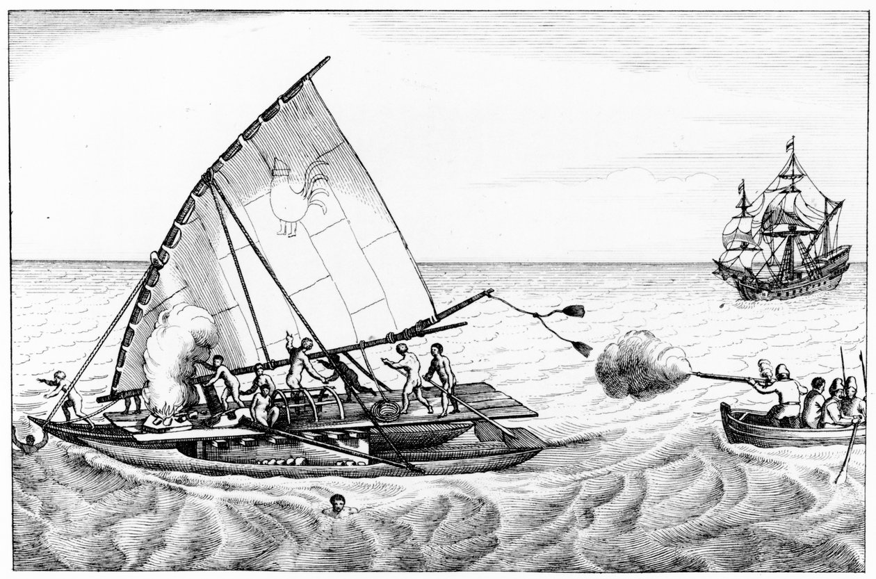 En incident under Le Maires (ca 1585-1616) och Schoutens (ca 1567-1625) världsomsegling 1615-16, från volym II av Chronological History of the Voyages and Discoveries in the South Sea av English School