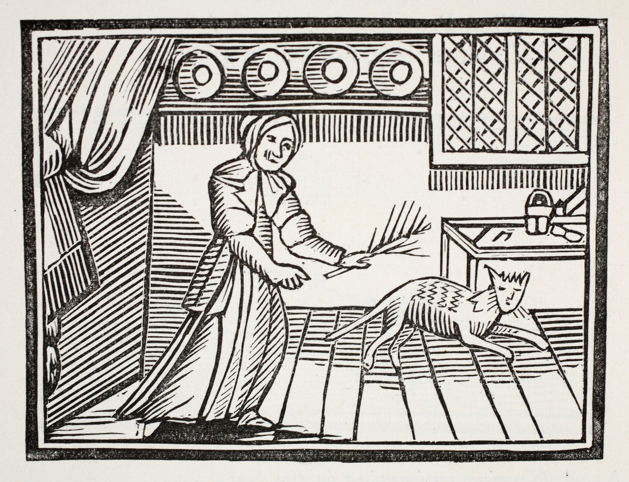 En gammal kvinna som piskar sin katt för att fånga möss på en söndag, illustration från Chap-books of the Arteenth Century av John Ashton, pub. 1882 av English School