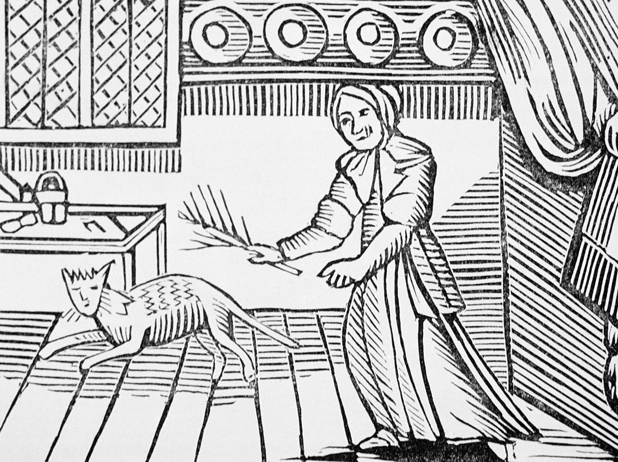 En gammal kvinna som piskar sin katt för att fånga möss på en söndag, från en samling kapböcker om esoterica, c14-c17:e av English School
