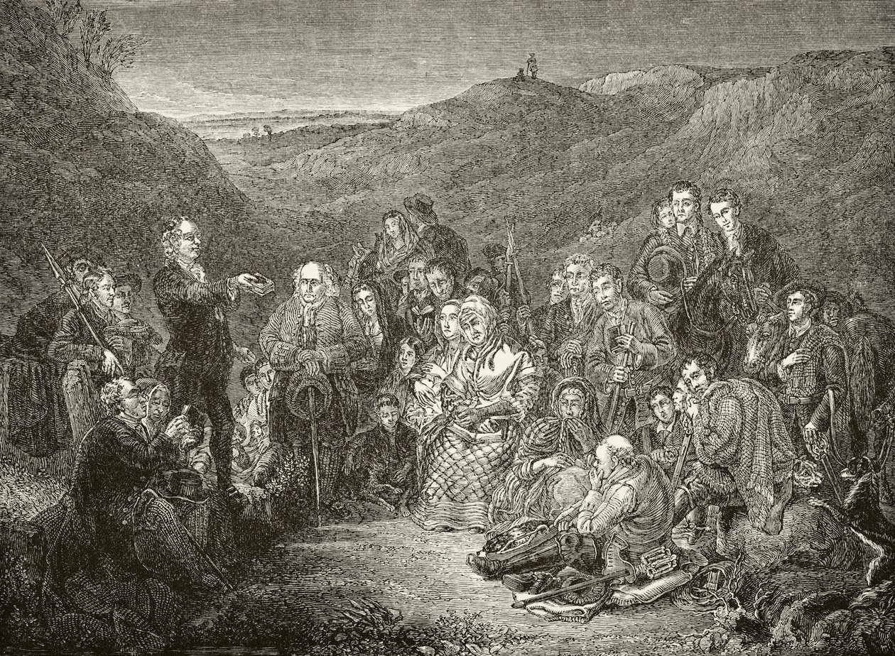 Ett utomhusmöte för skotska Covenanters, från "The National and Domestic History of England" av William Hickman Smith Aubrey (1858-1916) publicerad i London, ca 1890 av English School