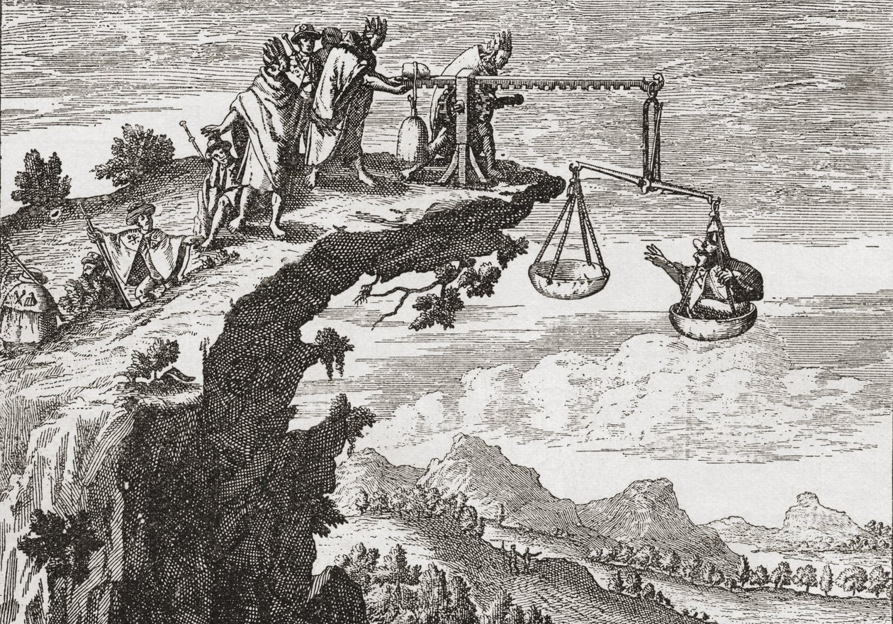 En ovanlig metod att utpressa bekännelser från brottslingar, efter en teckning från 1500-talet av Theodorus de Bry. Scenen visar brottslingen sitta i orättvisans våg medan en präst lutar sig över stupet redo att ta emot sin bekännelse. Presumabl av English School
