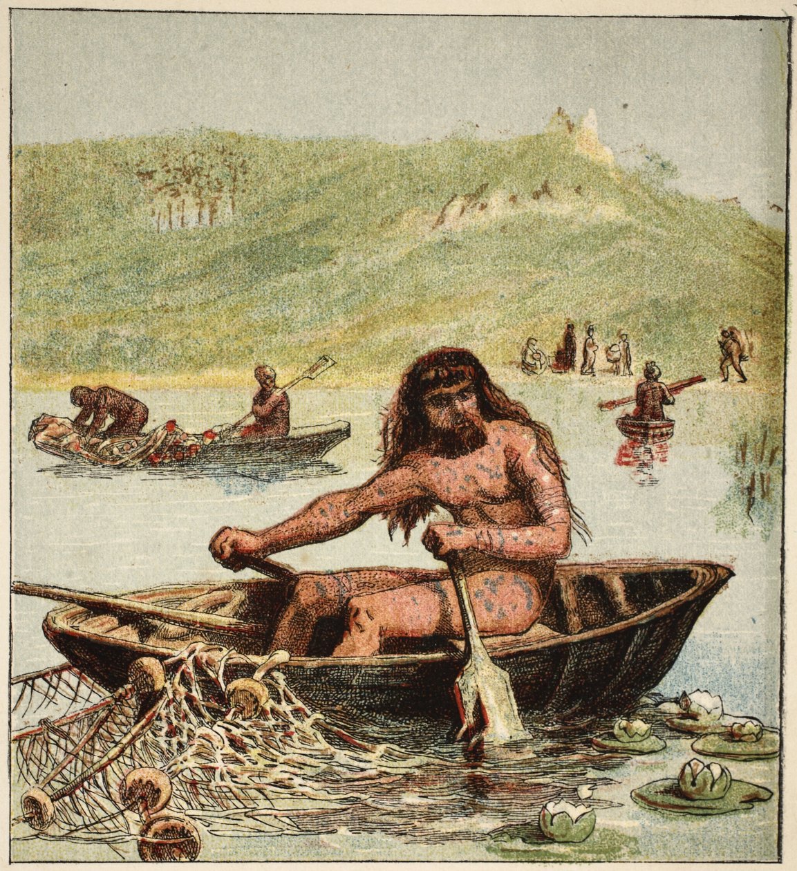 Forntida britt i sin båt, pub. 1890 (färglitografi) av English School