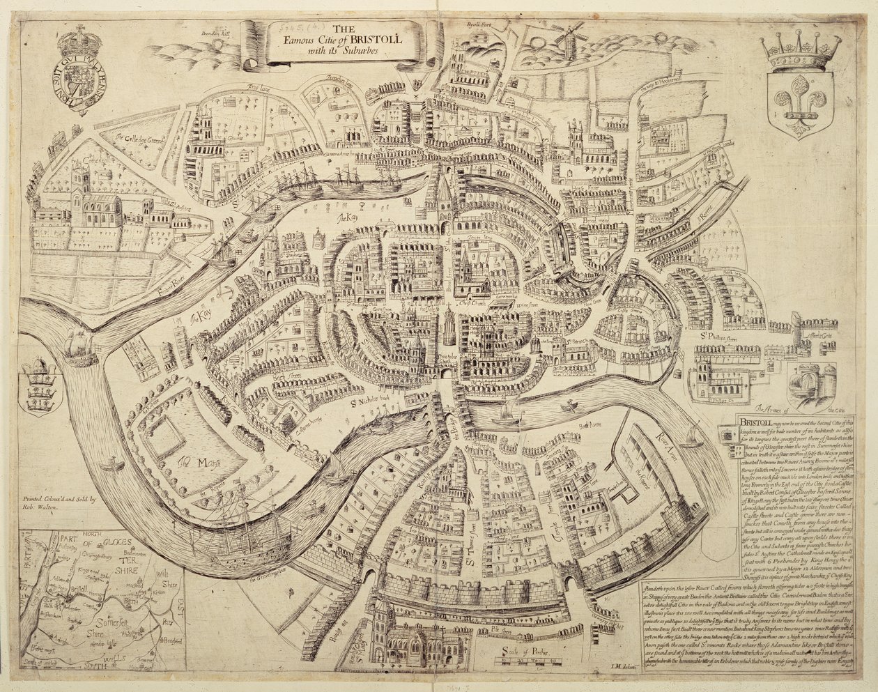 Forntida stadskarta över Bristol och dess förorter, tryckt, färglagt och sålt av Robert Walton av English School