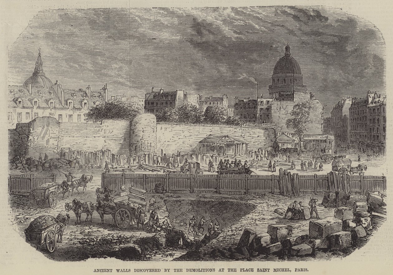 Forntida murar upptäckta vid rivningsarbetena på Place Saint Michel i Paris (gravyr) av English School