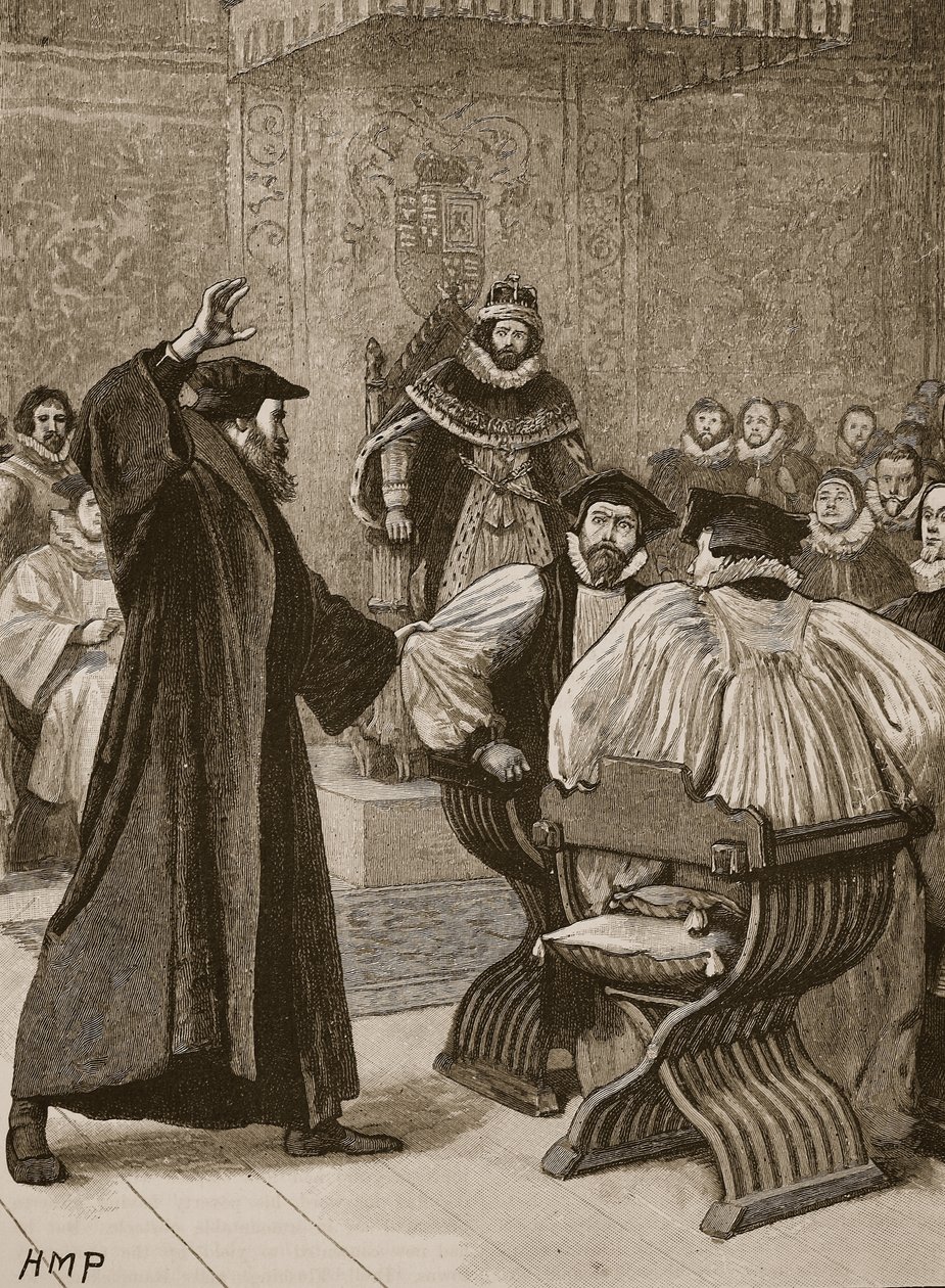 Andrew Melville inför Scottish Privy Council, illustration från Cassells Illustrated History of England (sepiafoto) av English School
