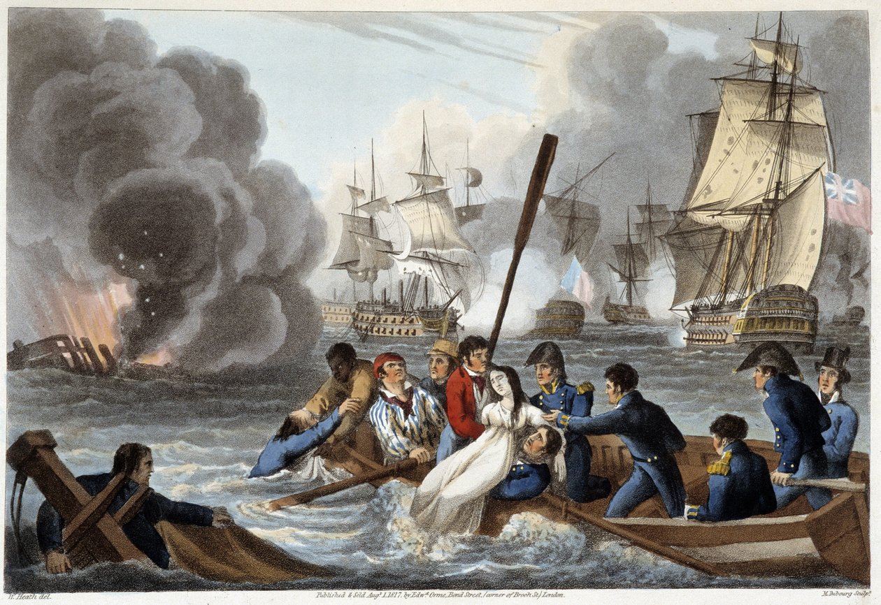 Anekdot a Trafalgar i "Historiska, militära och marina anekdoter och händelser som kom i armarna på Storbritannien och deras allierade och som slutade med Waterloo" av Edward Orme. Ill. av Fry, Sutherland, Clark, Dubourg, W.Heart, JA, Atkinson... Red. 1819 av English School