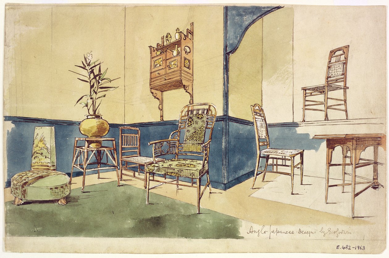 Möbeldesign i Anglo japansk stil av Edward William Godwin (1833-86) c.1860 (wc på papper) av English School